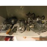 Group of silver plated flatware together with a silver plated tea and coffee set and other metalware