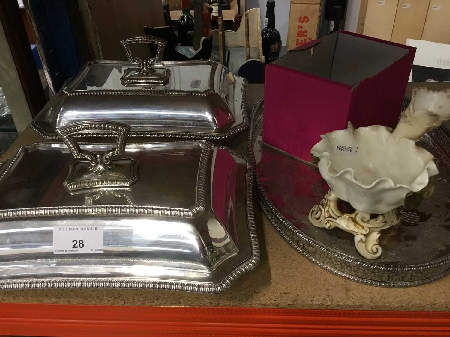 Pair of silver plated entree dishes, plated oval tray, Victorian Moore Bros porcelain spill vase and