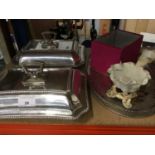 Pair of silver plated entree dishes, plated oval tray, Victorian Moore Bros porcelain spill vase and