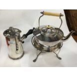 Edwardian silver plated spirit kettle on stand with ivory handle and knop, together with a silver pl
