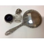 Silver backed hand mirror, silver salt and silver mounted glass pot