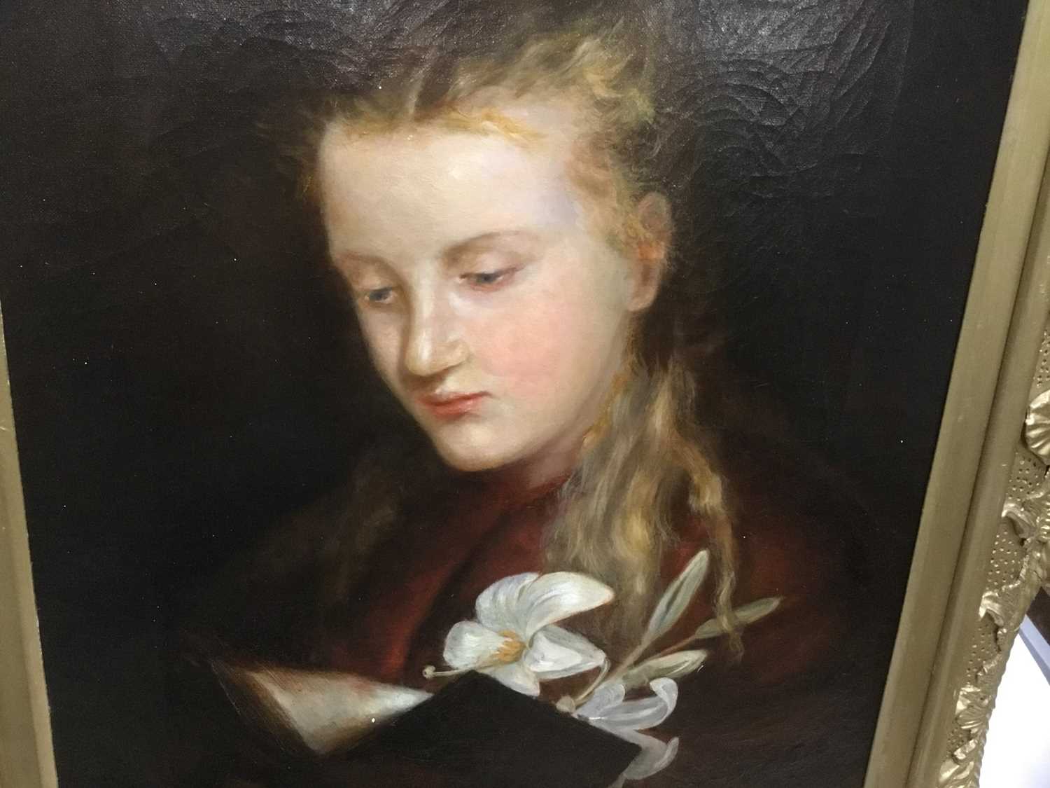English School, 19th century, oil on canvas, portrait of a girl with lilies, titled to original labe - Image 2 of 6