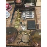 Two copper warming pans together with Military prints, brass candlesticks, entree dish, and other pl