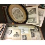 Suitcase of antique engravings, mainly 19th century and some 18th century, framed George Cruikshank