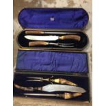 Three piece carving set with horn handles in velvet liner fitted case, together with another similar