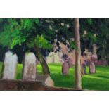 David Britton, contemporary, oil on board - West Mersea Churchyard, signed, framed, 44cm x 58cm