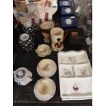 Lot of decorative china including Belleek teaware, Royal Doulton character jug - Old Charley, Crown