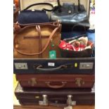 Three vintage suitcases, handbags, scarves and clothing