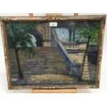 English School, early 20th century, oil on canvas - Steps and bridge, possibly London 37 x 48cm, gla