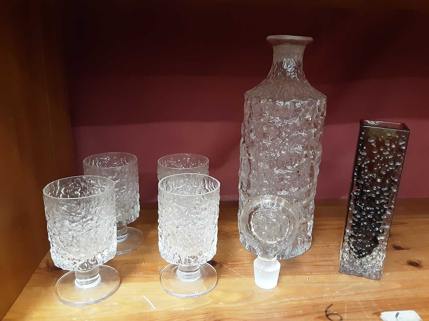 Whitefriars cinnamon nailhead vase, Whitefriars Glacier decanter and four matching glasses