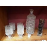 Whitefriars cinnamon nailhead vase, Whitefriars Glacier decanter and four matching glasses