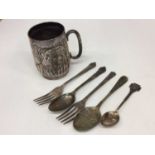 Silver tankard, silver Rifle Club teaspoon and plated flatware