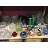 Collection of glass paperweights, decanters and other glassware