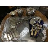 Mixed group of silver plate to include a two handled tray, teapot, toast racks, French wine taster a