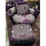 Pair Fama good quality contemporary purple upholstered circular armchairs and matching footstools