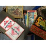 Good group of vintage board games and toys, child's drum, dartboard and other similar items