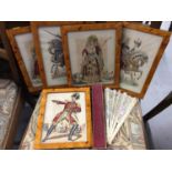 Set of five theatrical hand coloured prints and vintage fan