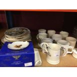 Royal commerative mugs and pair of boxed goblets plus other decorative plates