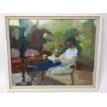 Annelise Firth (b.1961) oil on board - figure reclining in a garden, signed verso, framed, 39cm x 49