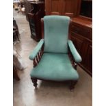 Victorian mahogany framed easy chair with blue upholstery