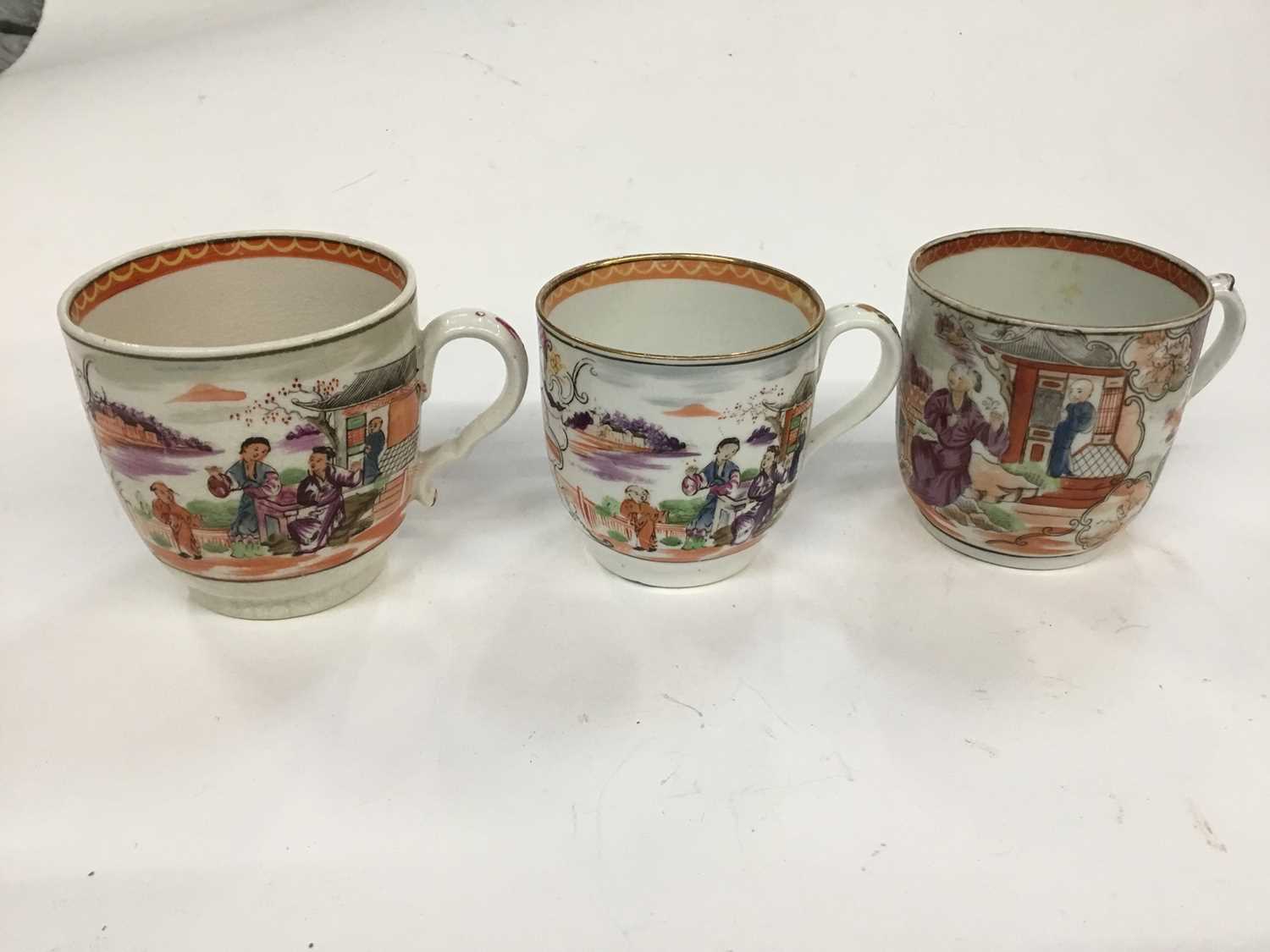 A New Hall 'Boy at the Window' teapot and cover, and three similar coffee cups, a bowl and a tea bow - Image 3 of 4