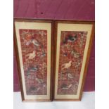 Pair of tapestries depicting birds in glazed oak frames