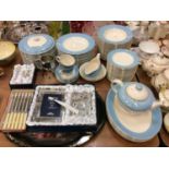 Collection of blue and white tea/dinner ware, a tin tray, silver plated christening gifts and other