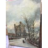 Victorian oil on canvas of figures before a castle in the snow and a portrait oil on canvas