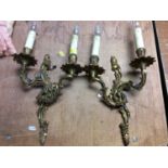 Pair of brass two branch wall lights