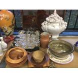 Group of turned wood dishes together with glassware and some ceramics