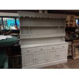 Victorian style painted pine two height dresser, 185cm wide, 40cm deep, 196.5cm high