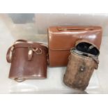 Vintage trunk, two pairs vintage binoculars, vanity set, chess pieces and other items