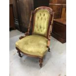 Victorian walnut nursing chair with green velvet upholstery, together with a bergere stand (2)