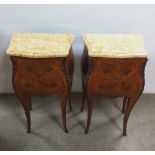 Stunning Pair of French Inlaid Kingwood Ormolu Mount Marble Top Night Stands