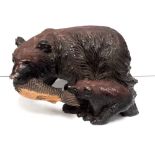 Blackforest Style Carved Wooden Bear & Cub Holding Fish