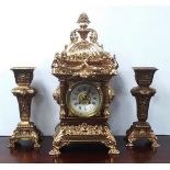 Most Impressive Vict Solid Brass Mantel Clock with Matching Garnitures