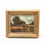 Oil on Board ' Harvest Scene' in Heavy Gilt Frame Dimensions Including Frame : 50cm W x 42cm