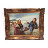 Large Vict Style Oil on Canvas in Heavy Gilt Frame 'Children & Fish' Dimensions Including Frame: