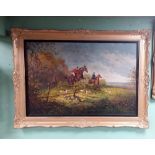 Very Impressive Gilt Framed Oil on Canvas ' Hunting Scene' Dimensions Including Frame : 148cm W x