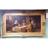 Very Impressive Heavy Gilt Framed Oil on Canvas ' Men Around Table;