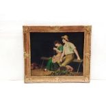 Gilt Framed Oil on Canvas Boy and Girl on Bench Dimensions Including Frame : 75cm W x 65cm