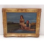 Impressive Gilt Frame Oil on Board ' Boy & Girl Fishing; Dimensions Including Frame: 47cm W x 37cm