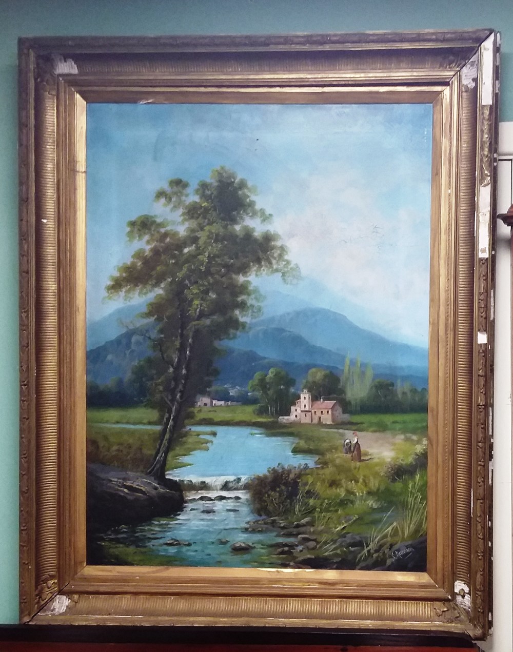 Large 19C Gilt Framed Oil on Canvas , Signed Dimensions Including Frame : 102cm W x 128cm