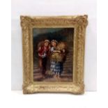 Impressive Gilt Framed Oil on Canvas of Boy & Girl Dimensions Including Frame : 61cm W x 73cm