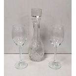 Cut Glass Decanter & 2 Wine Glasses