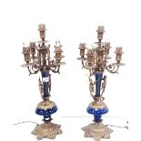 Exceptional Pair of 19C 5 Branch Gilt Brass & Cobalt Porcelain Candelabras Dimensions: 60cm H