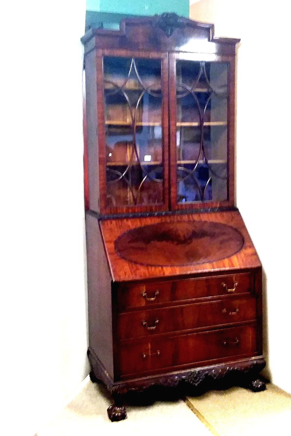 Very Clean Edw Mahogany Ball & Claw Bureau Bookcase Dimensions: 93cm W 56cm D 223cm H