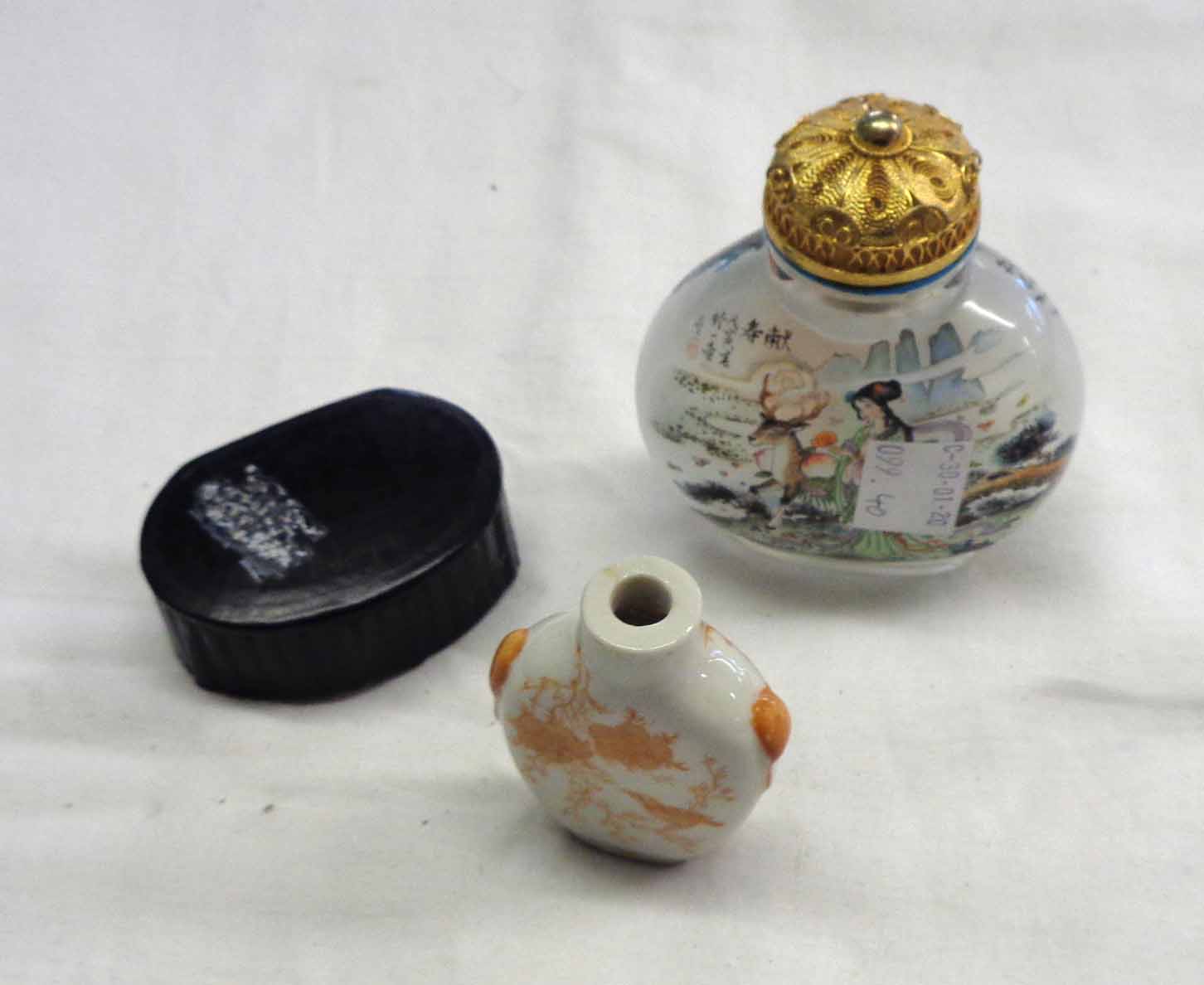 Two Chinese scent bottles and a papier-mâché snuff box