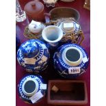 Assorted Chinese blue and white ginger jars, Yixing mug with lid, etc.