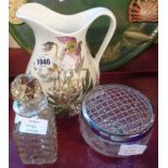 A Portmeirion Botanic Garden jug, cut glass scent bottle and glass bowl